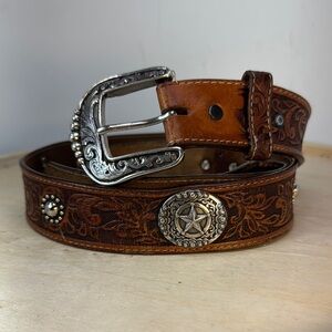 Vintage Embossed Western Style Brown Leather Silver Buckle Belt Size 38